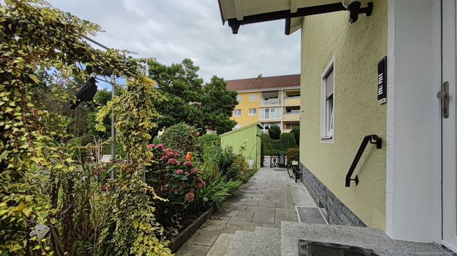Bild: Der Fußweg zum Haus mit Blick auf das Gartenhäuschen