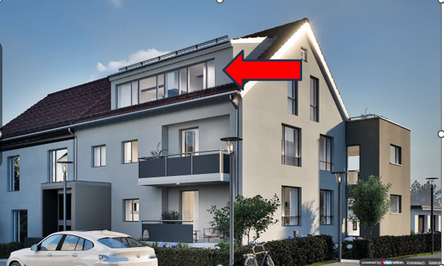 Wohngebäude mit Pfeil