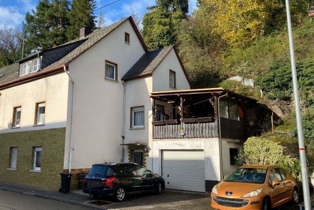 Straßenansicht mit Eingang, Garage und Terrasse