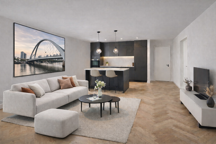 Wohnzimmer und Küche unverbindliche Visualisierung
