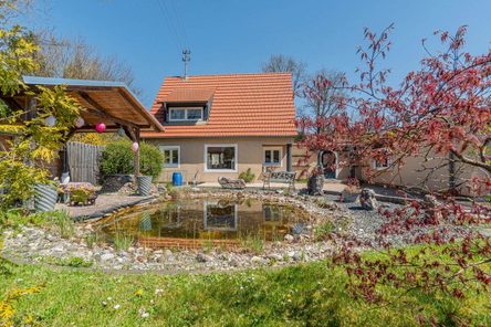 Hausansicht mit Teich