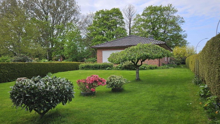 großer Ziergarten vor Terrasse