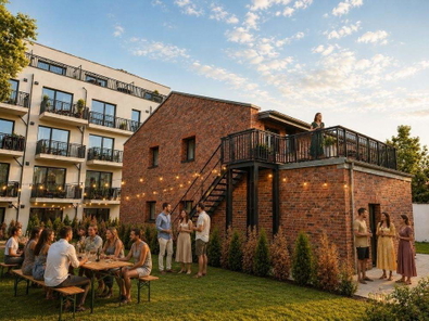 Außenansicht_Remise und Neubau_Gartenparty_KI-generiert