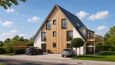 Ansicht Straße Wohnhaus mit Holzverkleidung (KI-ge