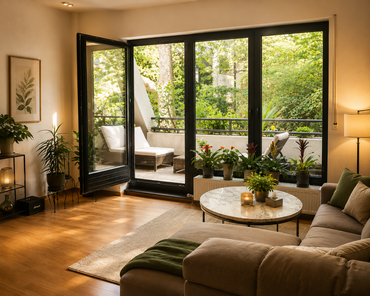 Wohnzimmer mit Blick auf die Balkon Terrasse