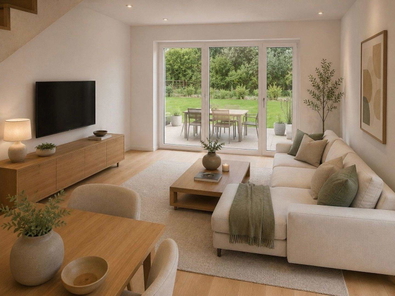 Wohnzimmer mit Blick in den Garten visualisiert