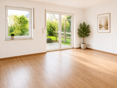 Wohnzimmer mit Zugang zu Terrasse und Garten
