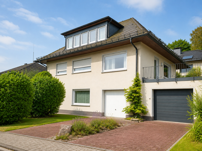 Straßenseitige Objektansicht mit Einfahrt, Vorgarten, Garage (linke Garage) und Terrasse