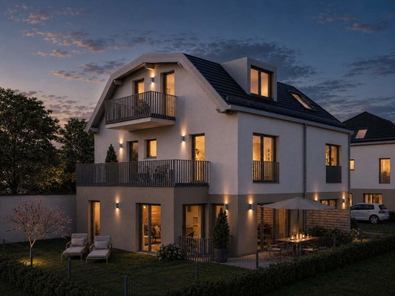 Westansicht Haus 4 in den Abendstunden (Visualisierung)