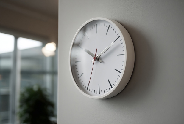 Eine weiße Uhr hängt an einer weißen Wand in einem Büro.