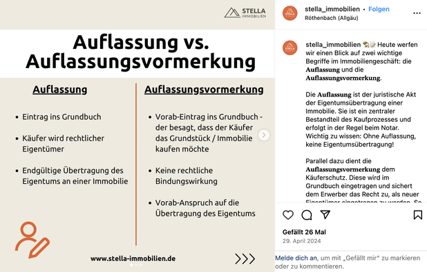 Ein Instagram-Beitrag von @stella_immobilien zum Unterschied zwischen Auflassung und Auflassungsvormerkung.