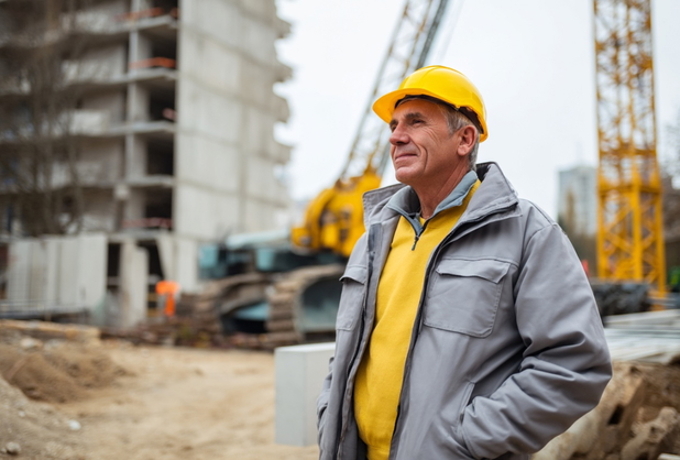 Ein älterer Mann steht auf einer Baustelle mit einem gelben Bauarbeiterhelm.