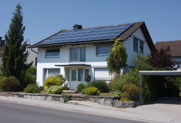Ein Einfamilienhaus mit Solarpanel auf dem Dach.