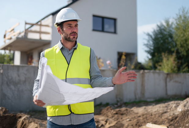 Ein Bauarbeiter hält einen Bauplan in der Hand, während er auf einer Baustelle steht.