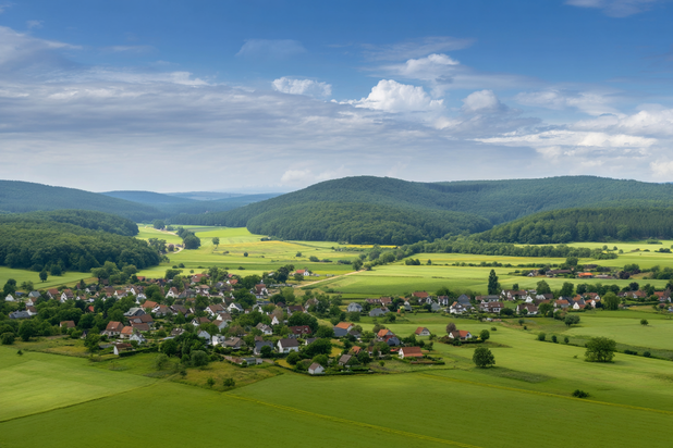Luftaufnahme von einer Dorflandschaft.