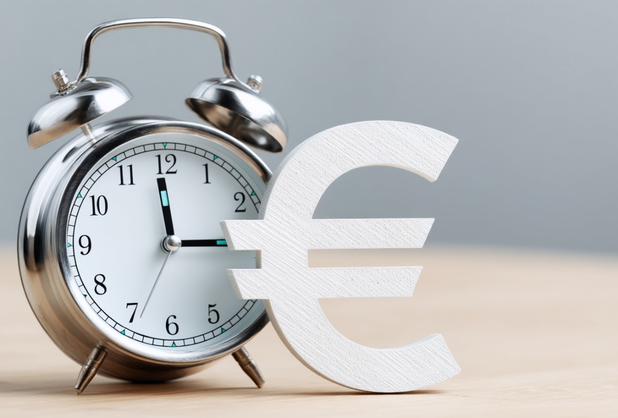 Ein Wecker auf einem Tisch, daneben ein Euro-Zeichen.