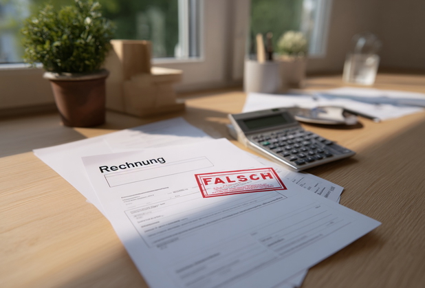 Eine Betriebskostenabrechnung liegt auf einem Schreibtisch, bestempelt mit "Falsch".