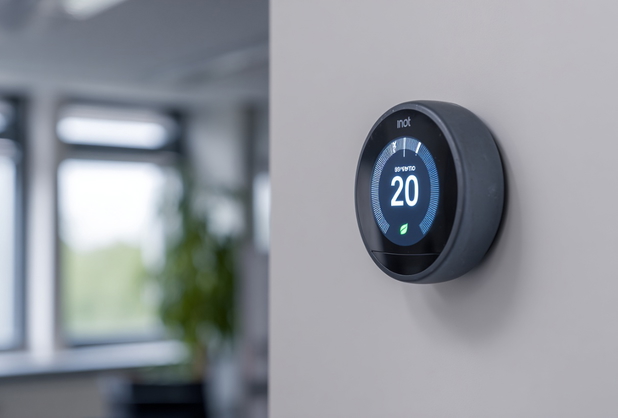 Ein intelligentes Thermostat an einer weißen Wand.