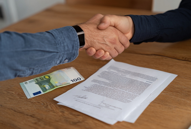 Zwei Personen geben sich über einem Vertrag und einem 100€-Schein die Hand.