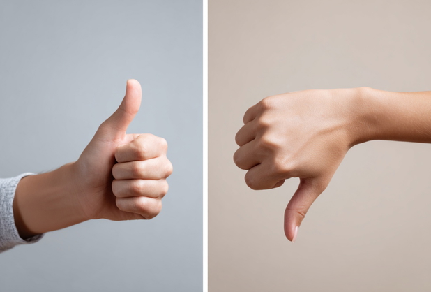 Links ein Daumen hoch, rechts ein Daumen runter.