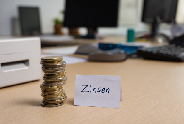 Auf einem Schreibtisch liegt ein Münzenstapel, daneben ein kleines Papierschild auf dem "Zinsen" steht.