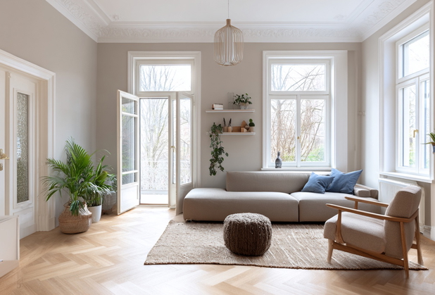 Ein modern eingerichtetes Wohnzimmer in einer Altbauwohnung.