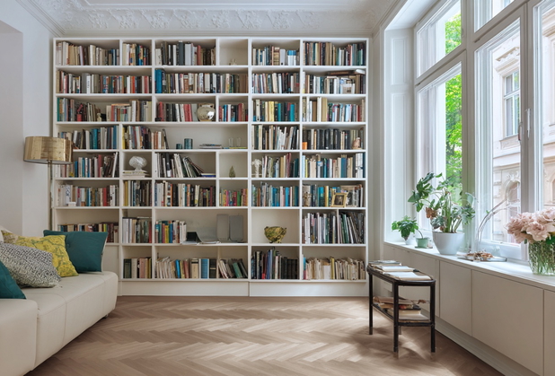 Ein sehr hohes Bücherregal in einer hohen Altbauwohnung.