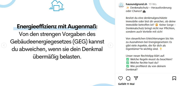 Ein Instagram-Beitrag von @hausundgrund.sh zum Thema GEG und Denkmalschutz.