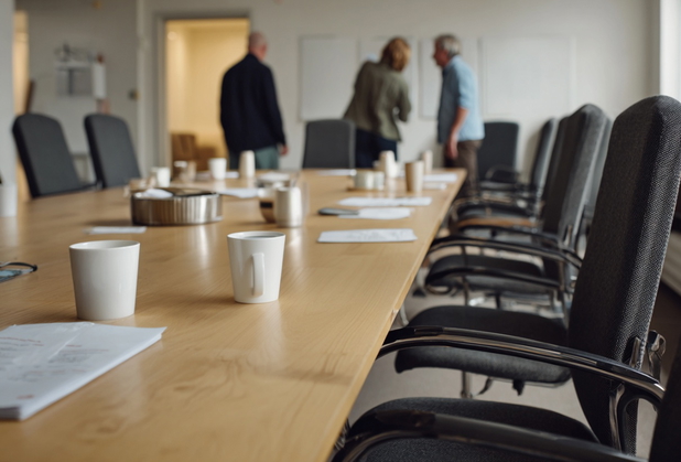 Nach einer Eigentümerversammlung stehen verschiedene Tassen auf einem Meetingtisch, Menschen verlassen den Raum.