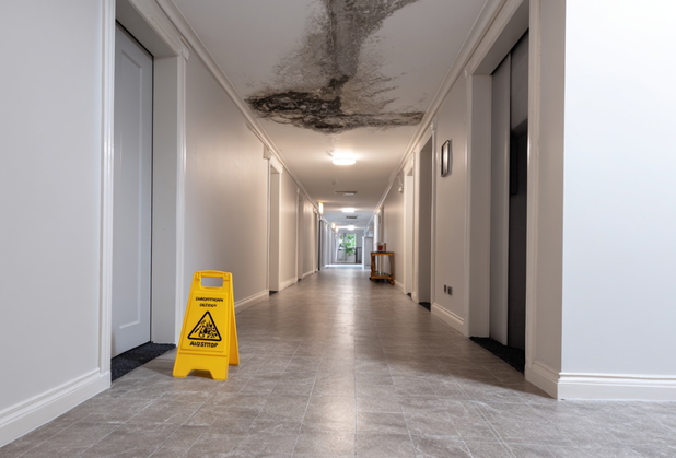 Ein sichtbarer Wasserschaden an der Decke eines Hausflurs.