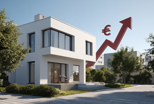 Hinter einer modernen Immobilie ist ein roter steigender Pfeil neben einem Euro-Zeichen zu sehen.