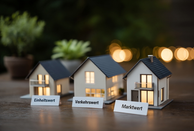 Vor drei Modellhäusern stehen kleine Schilder, auf denen "Einheitswert", "Verkehrswert" und "Marktwert".
