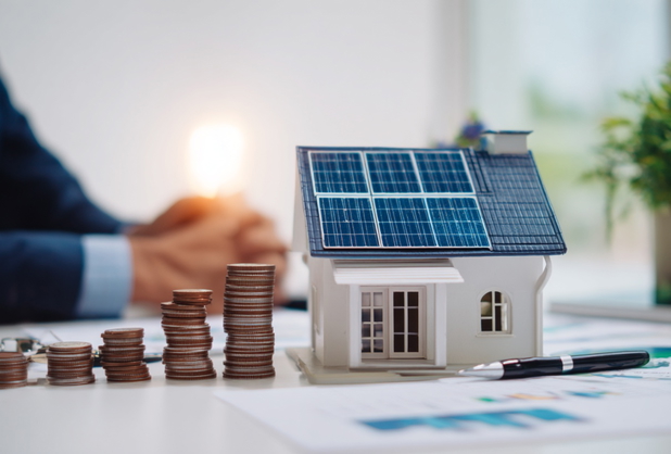 Auf einem Tisch steht ein Miniaturhaus mit Solarpanels, daneben sind mehrere Münzenstapel, im Hintergrund sind die Hände eines Mannes zu sehen.