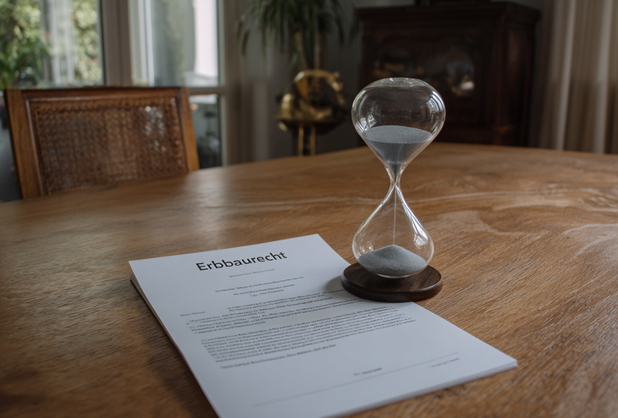 Eine Sanduhr steht auf einem Dokument, welches "Erbbaurecht" betitelt ist.