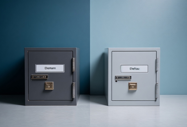 Zwei Safes nebeneinander, auf dem einen steht "Ehemann" und auf dem anderen "Ehefrau".
