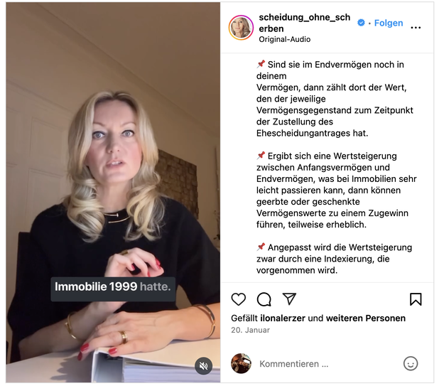 Anwältin erklärt in einem Instagram Post, ob eine Erbschaft zum Zugewinnausgleich gehört oder nicht. 