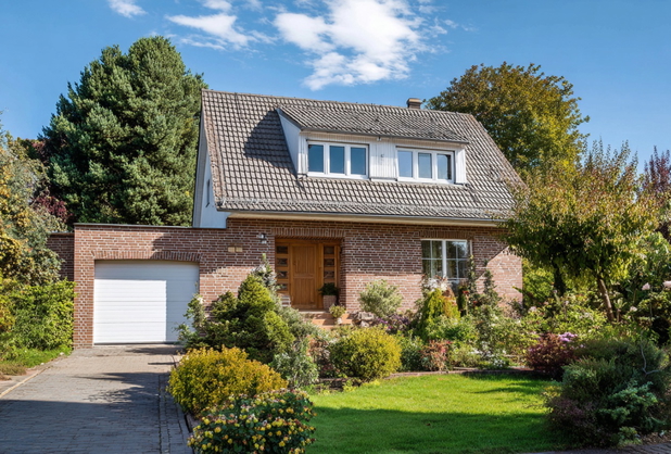 Ein Haus mit Garten von vorne fotografiert.