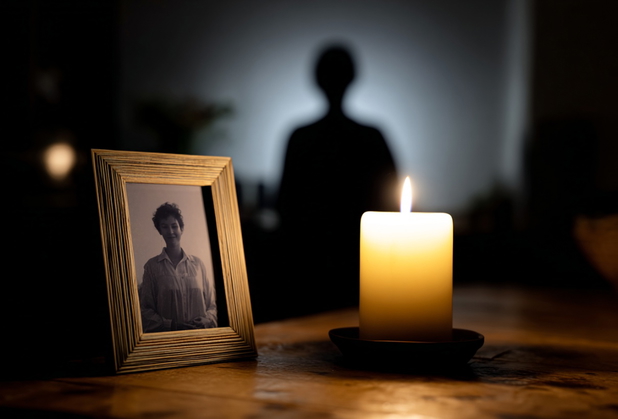 Im Vordergrund ein Portraitbild und eine Kerze, im Hintegrund eine Silhouette einer Person.