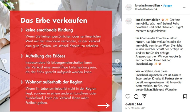 Ein Instagram-Beitrag von @knocke.immobilien zum Thema geerbte Immobilie verkaufen.