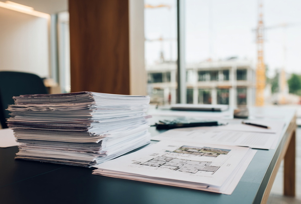 Unterlagen zu einer Gewerbeimmobilien liegen auf einem Schreibtisch in einem Büro.