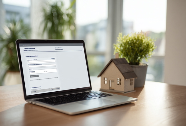 Ein Laptop-Bildschirm zeigt ein geöffnetes Online-Formular, daneben steht ein Miniaturhaus.