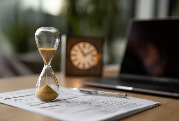 Auf einem Dokument steht eine Sanduhr, im Hintergrund ist eine normale Uhr und ein Laptop zu sehen.