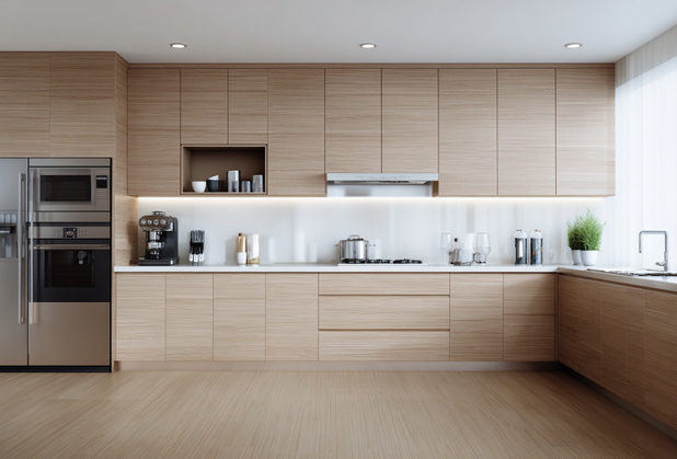 Eine moderne Einbauküche mit hellen Holztönen und hochwertigen Küchengeräten.