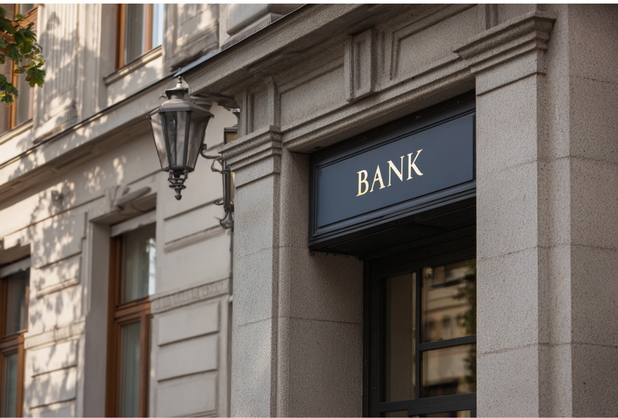 Ein Bankeingang mit der Aufschrift "Bank" über der Tür.