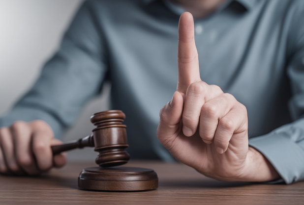 Ein Mann hält einen Richterhammer in der rechten Hand und zeigt mahnend den Zeigefinger hoch.