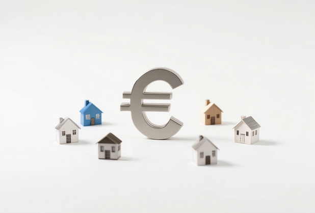 Ein Euro-Zeichen umgeben von Miniaturhäusern.