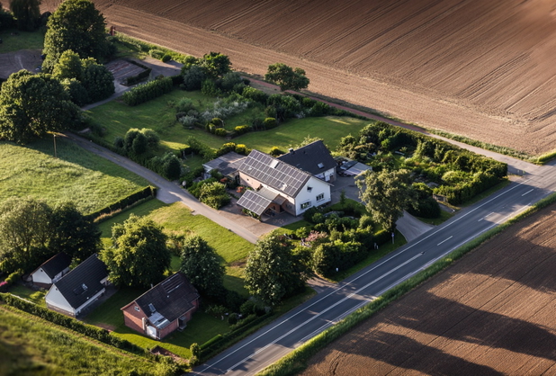 Ein Haus in einer ländlichen Landschaft aus Vogelperspektive fotografiert.