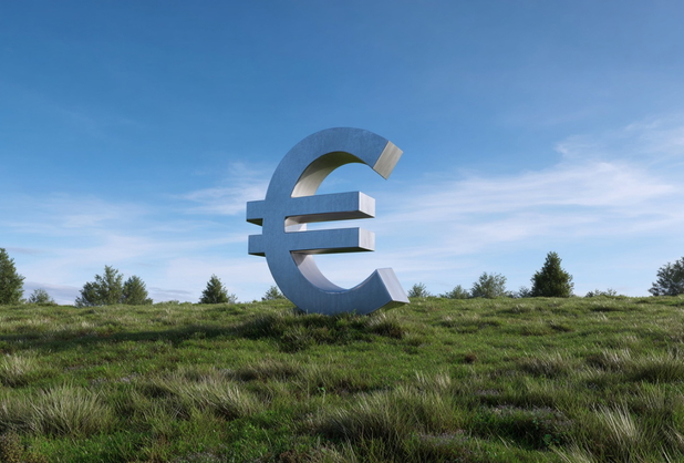 Ein großes silbernes Euro-Zeichen auf einem grün bewachsenen Hügel.