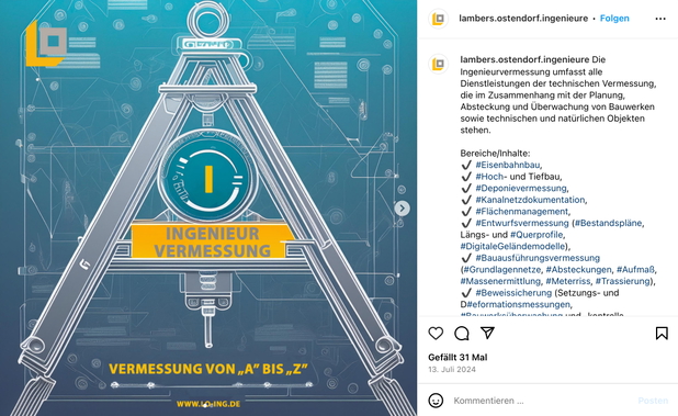 Zu sehen ist ein Instagram Post mit einem Vermessungsgerät, auf welchem „Ingenieur Vermessung“ steht. Daneben steht eine kurze Erklärung zum Begriff.