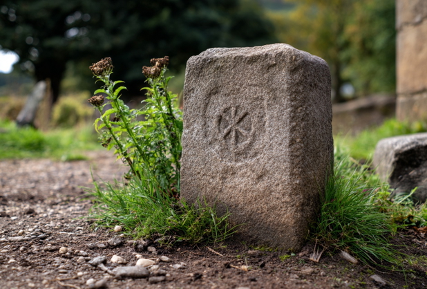 Ein Grenzstein umwachsen von Gras un Blumen.